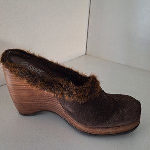 Carlos Santana Wedge Clogs Brown Suede with Fur Trim Size 8